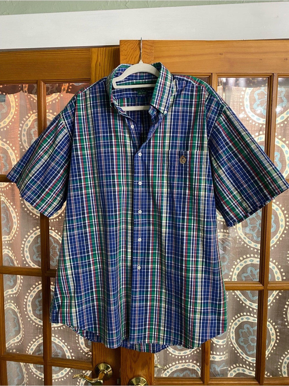 Men's Ralph Lauren XL Blue & Green Plaid Short-Sleeve Button-Up Shirt